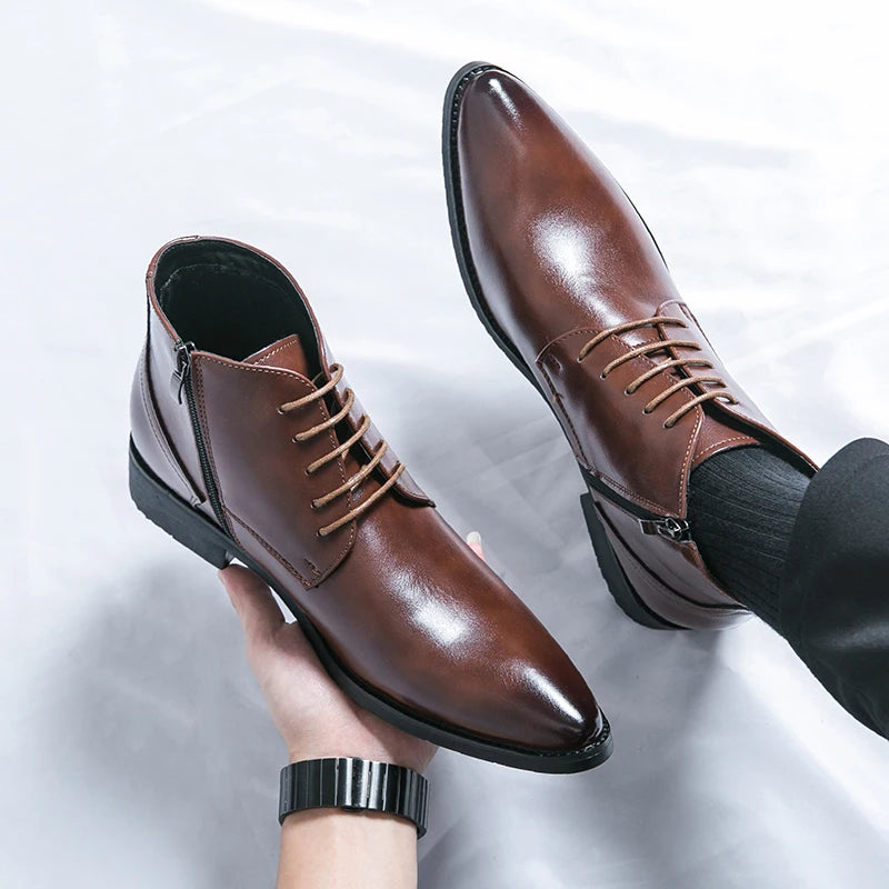 Leather Boots Men Zip Lace-up High Top British Versatile Men Fashion Business Dress Social Boots Mens Platform Casual Men Boots