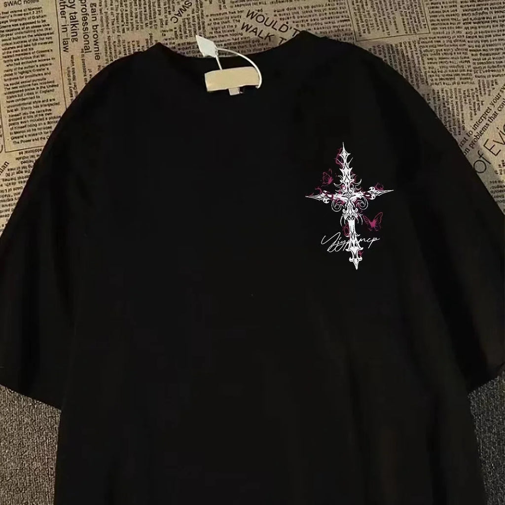 Hip-hop Cross Print Loose Short-sleeved T-shirt for Men and Women, American High Street Style for Summer
