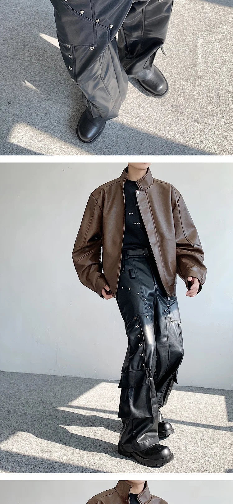 Men's Faux Leather Cargo Pants With Rivet, Y2K  Streetwear Black  Wide-leg Trousers, Autumn/Winter Gothic Mans Baggy Pants