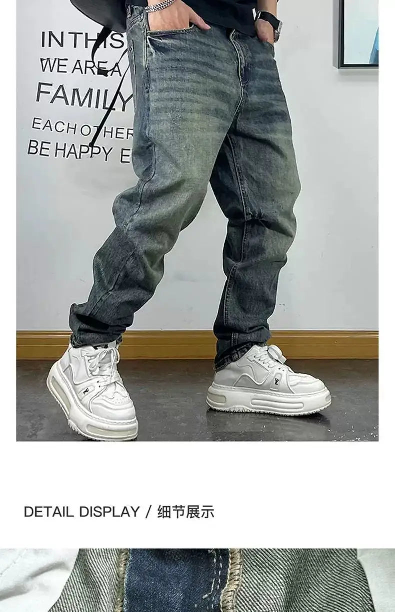 Fashion Brand Retro Washed Pure Cotton Jeans for Men Loose Small Right Angle Personalized Embroidery Versatile Casual Pants