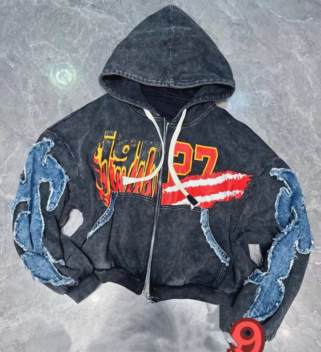 European Style Sweatshirt Cardigan 2026 Spring New Personalized Graffiti Letter Print Patchwork Denim Jacket Coat Hoodies Women