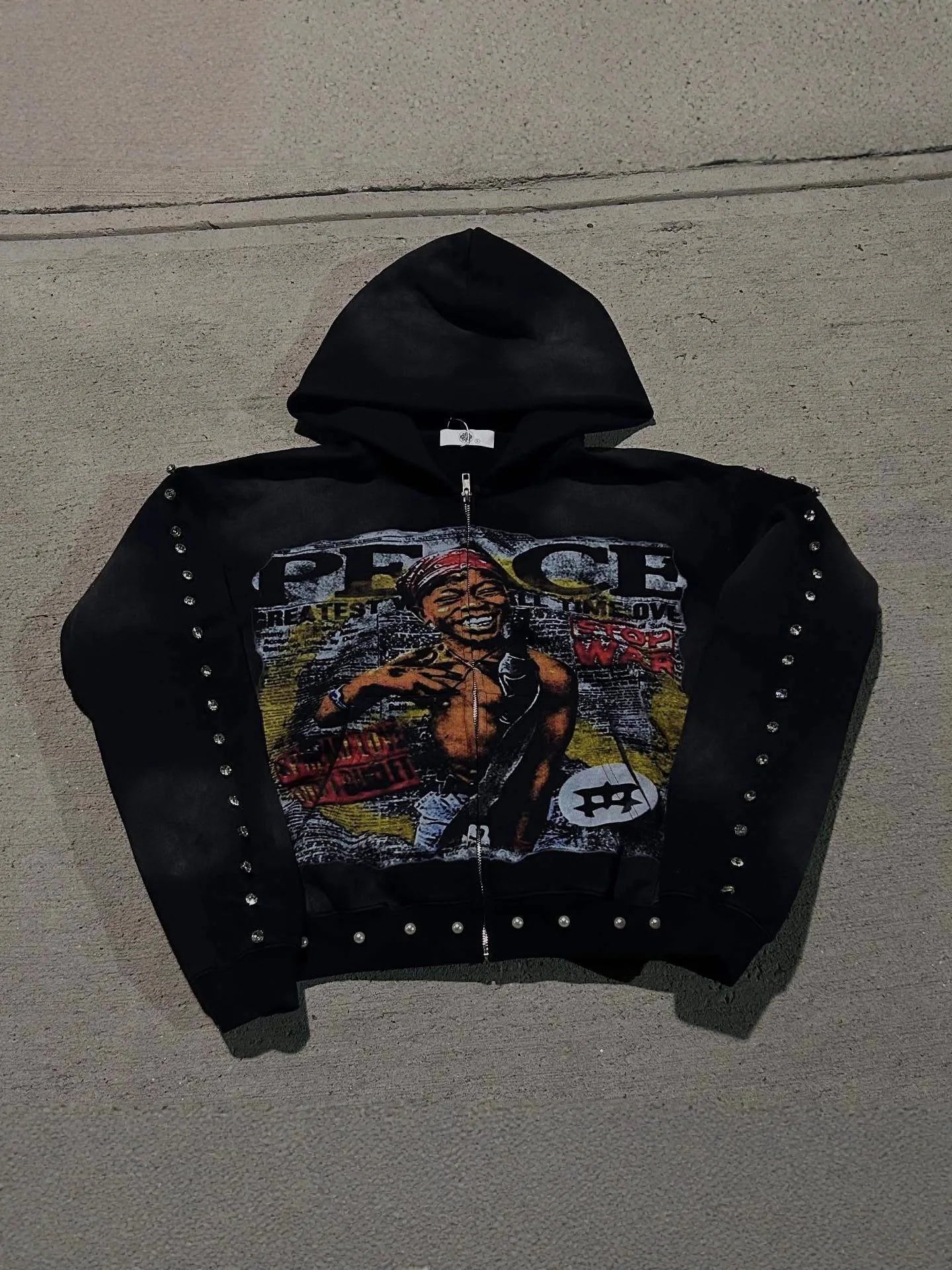 Y2K Aesthetic Pattern Print Hoodie Vintage Punk Gothic Couple Pearl Graffiti 2000s Streetwear