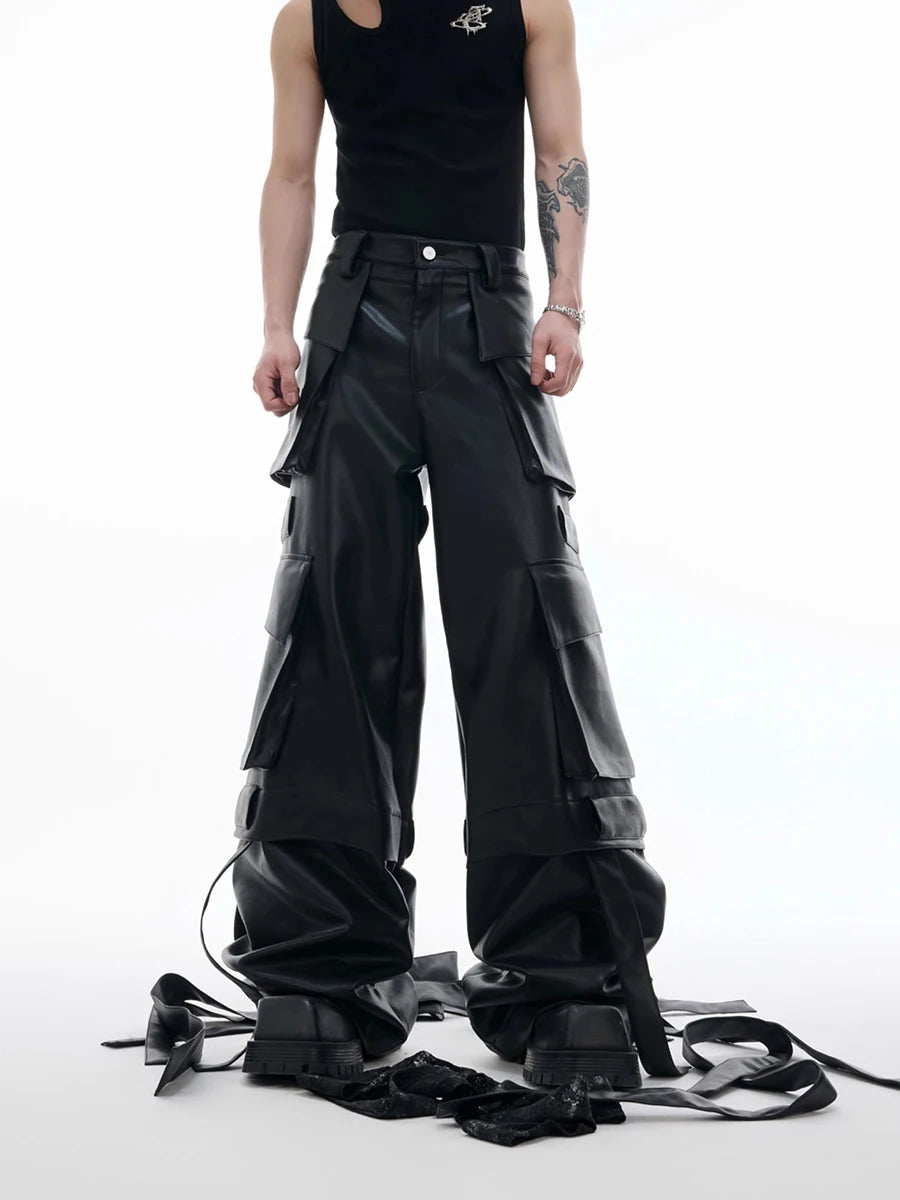 Mauroicardi Autumn Cool Long Baggy Black Pu Leather Wide Leg Cargo Pants Men Many Pockets Luxury Designer Emo Clothes Streetwear