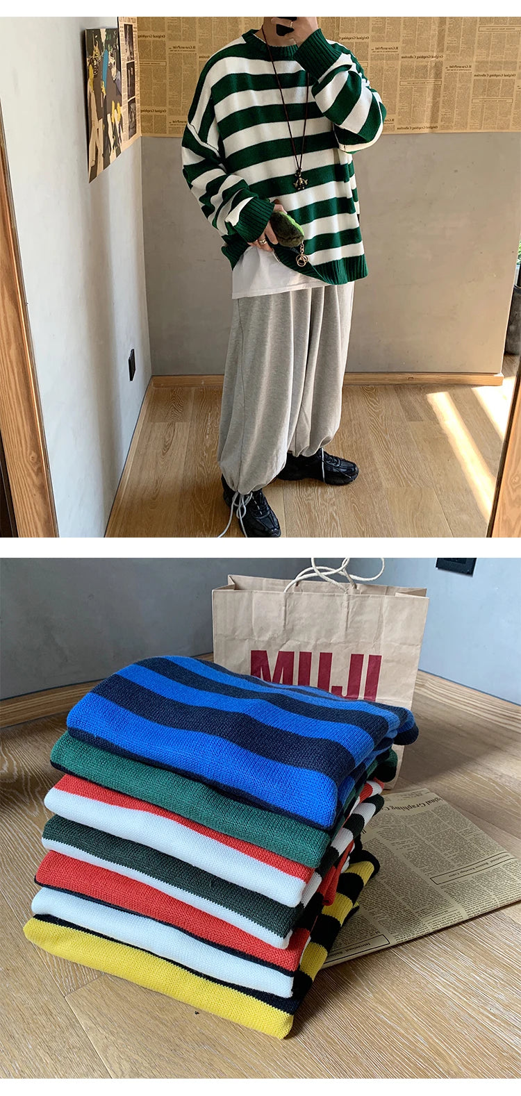 Classic Vintage Striped Sweater Men's Casual Japanese Trendy Red White Pullover Loose Round Neck Couple's Jumper Street Kintwear