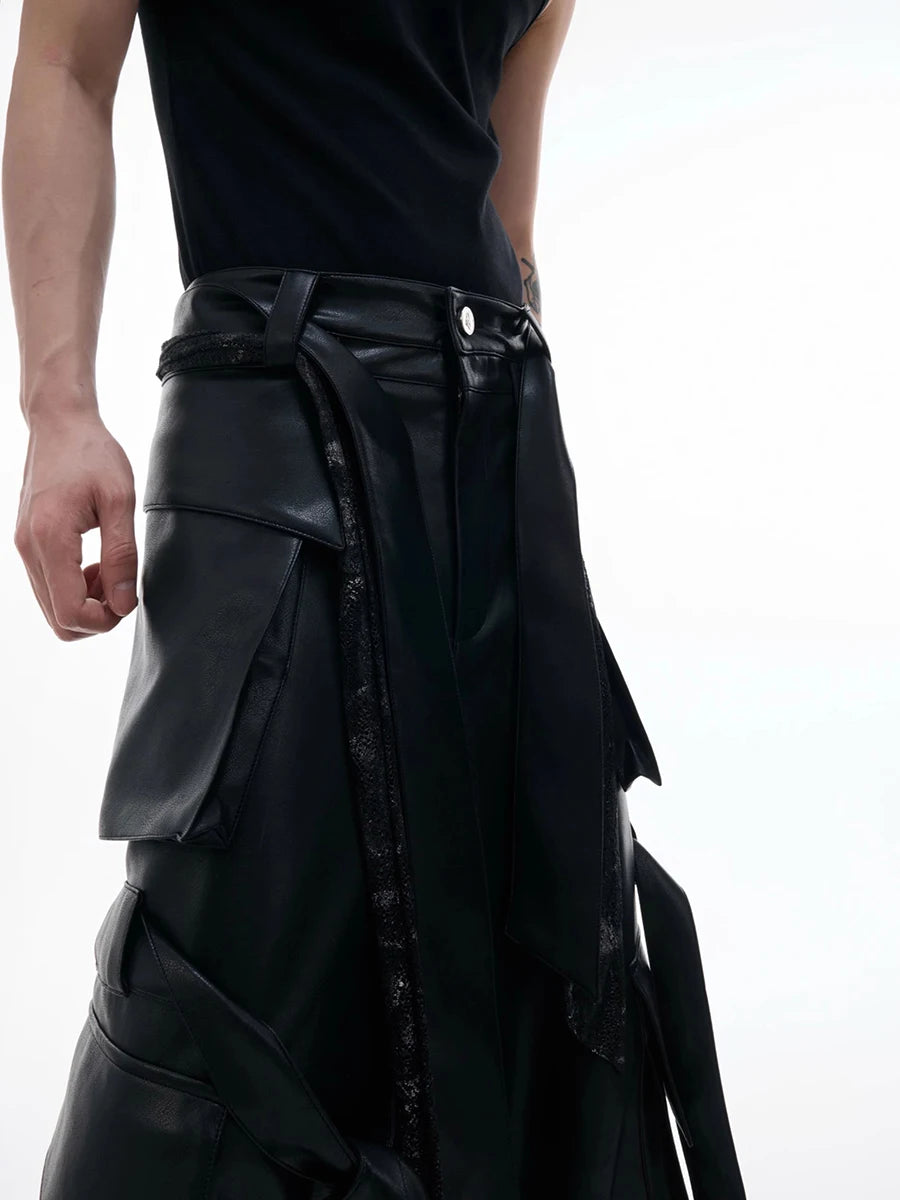 Mauroicardi Autumn Cool Long Baggy Black Pu Leather Wide Leg Cargo Pants Men Many Pockets Luxury Designer Emo Clothes Streetwear
