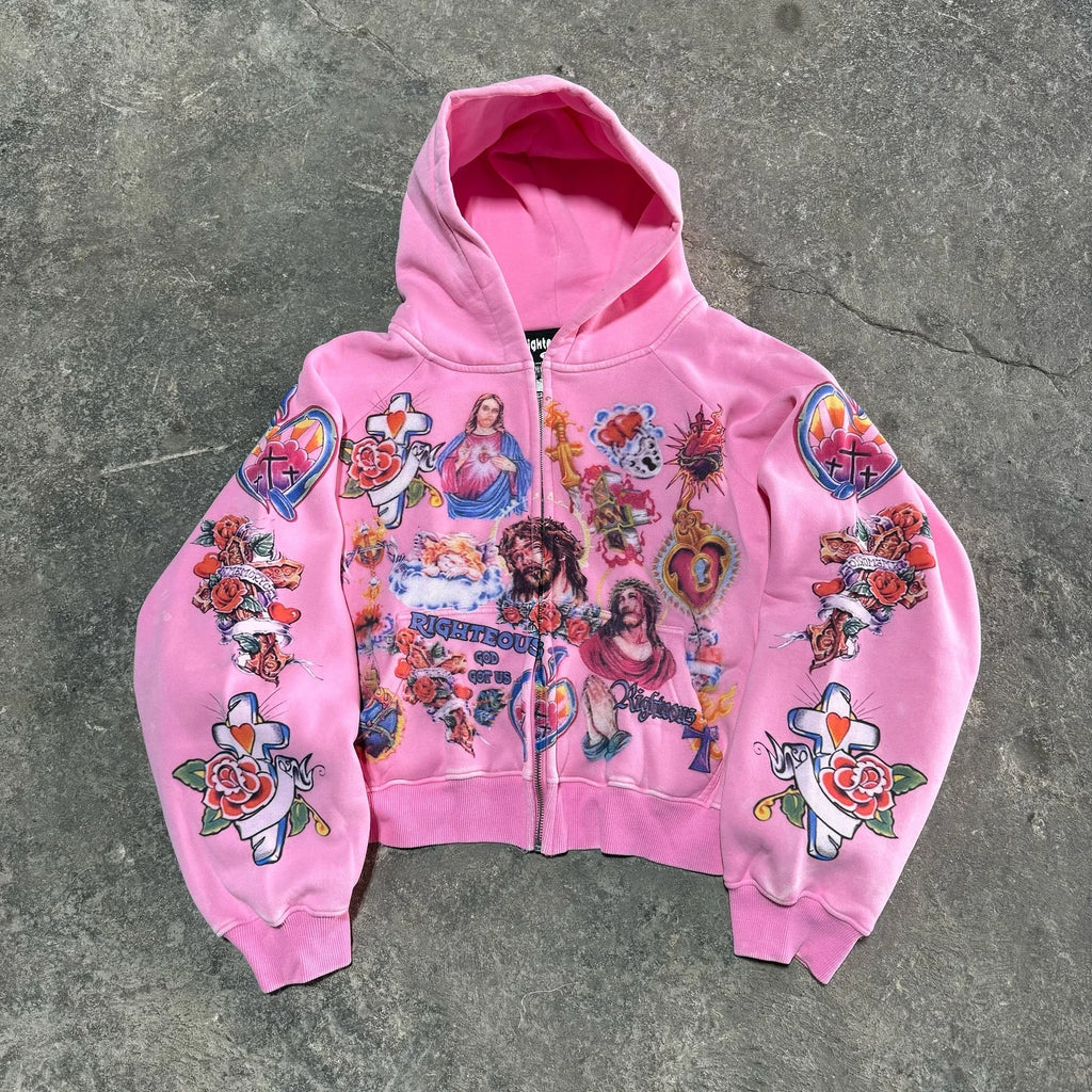 British flag printed cardigan hooded fashionable solid color oversized sweatshirt Y2K Harajuku Hip Hop Gothic casual clothes