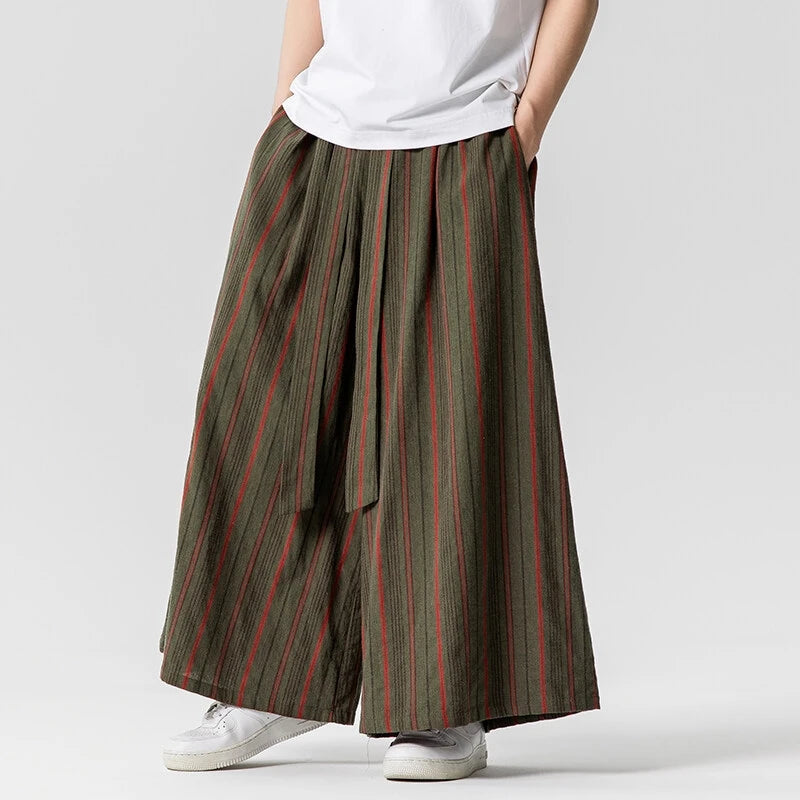 Striped Pants Men's Cotton Linen Comfortable Breathable Wide Leg Trousers Kimono Japanese Samurai Casual Loose Fashion Pants Men
