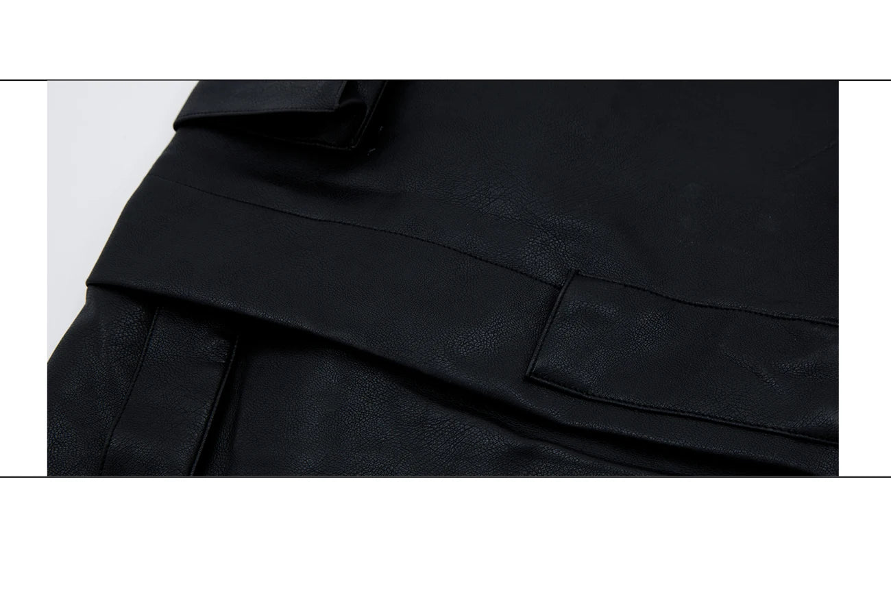 Mauroicardi Autumn Cool Long Baggy Black Pu Leather Wide Leg Cargo Pants Men Many Pockets Luxury Designer Emo Clothes Streetwear