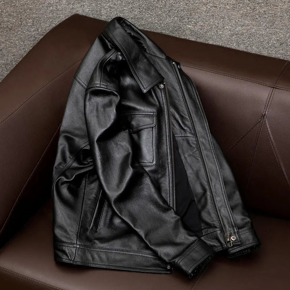 Europe and America Fashion Men Solid Color Simple Basic Casual Trendy Turn-down Collar Long Sleeve Faux Leather Coats Male Tops