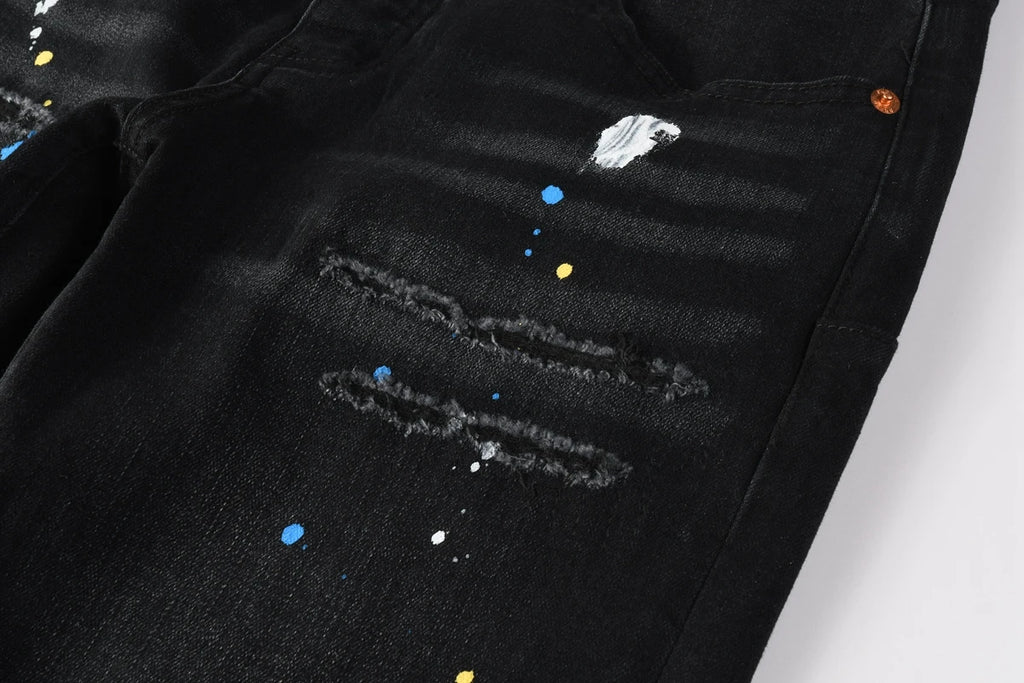 New Fashion Jeans Men High Street Black Splashing ink graffiti Distressed Hole Stretch Skinny Button Fly Ripped Jeans Brand