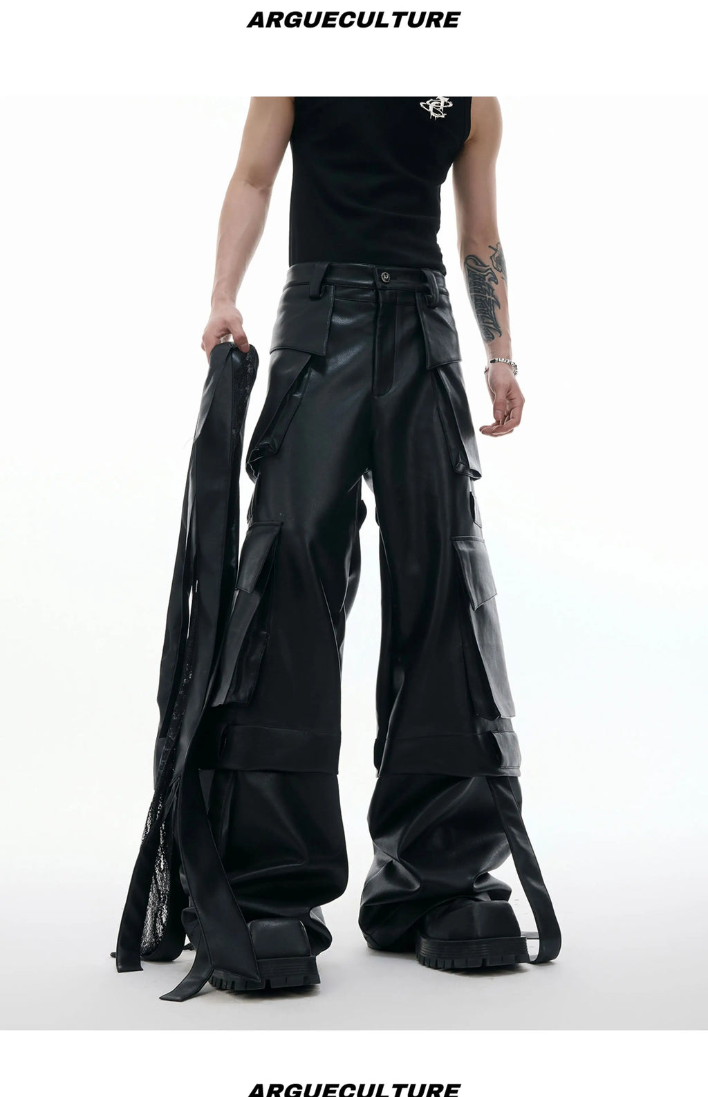 Mauroicardi Autumn Cool Long Baggy Black Pu Leather Wide Leg Cargo Pants Men Many Pockets Luxury Designer Emo Clothes Streetwear