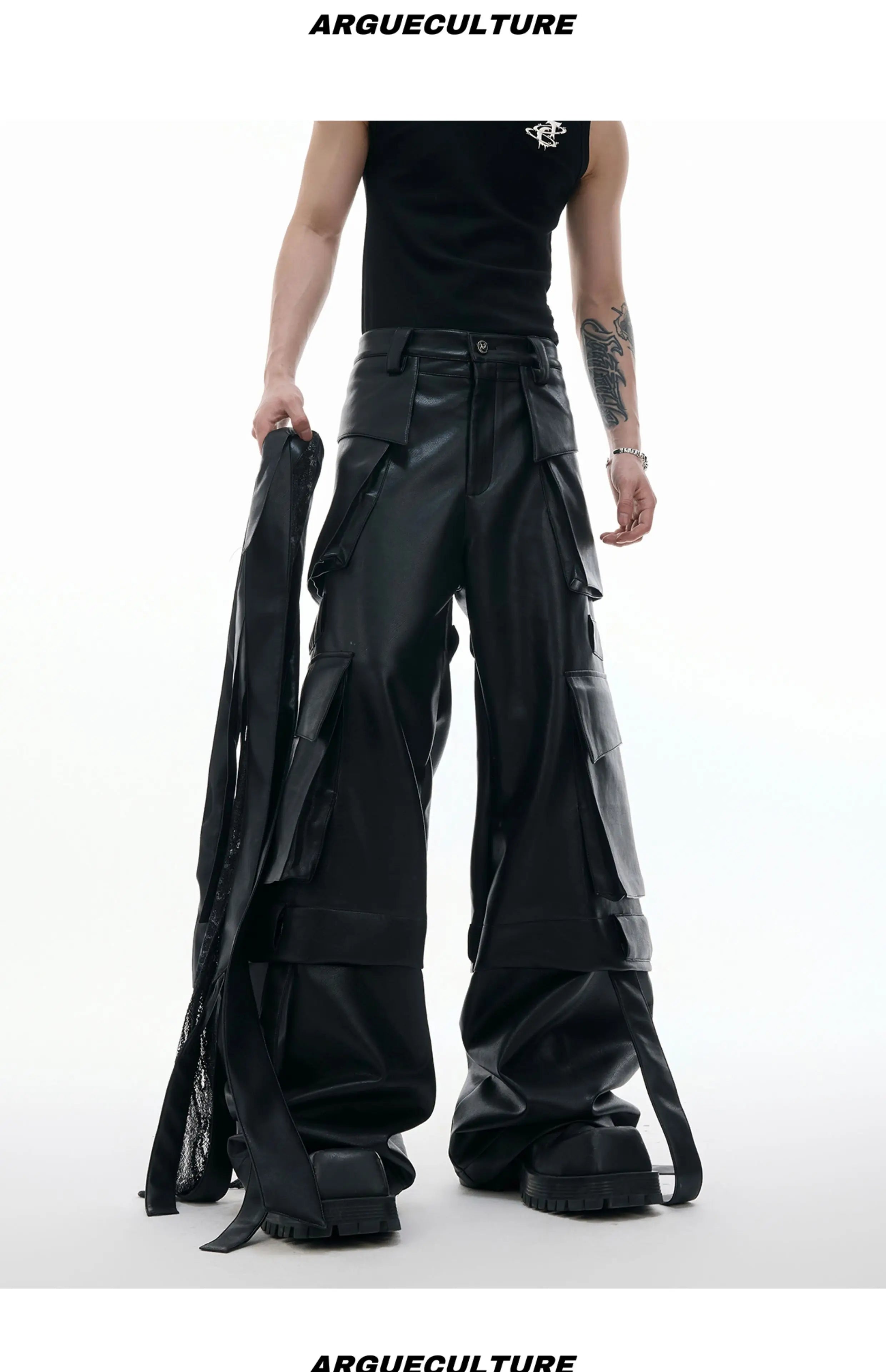 Mauroicardi Autumn Cool Long Baggy Black Pu Leather Wide Leg Cargo Pants Men Many Pockets Luxury Designer Emo Clothes Streetwear