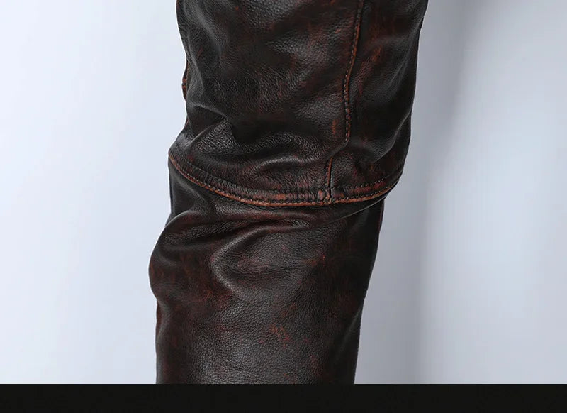 New Motorcycle Genuine Leather Pant Men's Thick Cowhide Vintage Brown Trousers For Men High Quality Moto Biker Slim Pants
