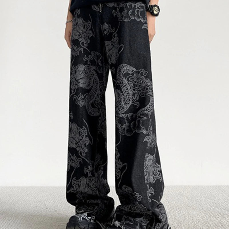 Chinese Style National Trend Design Dragon Pattern Jeans Men Women Korean Version New Retro Straight Loose Casual Pants Male
