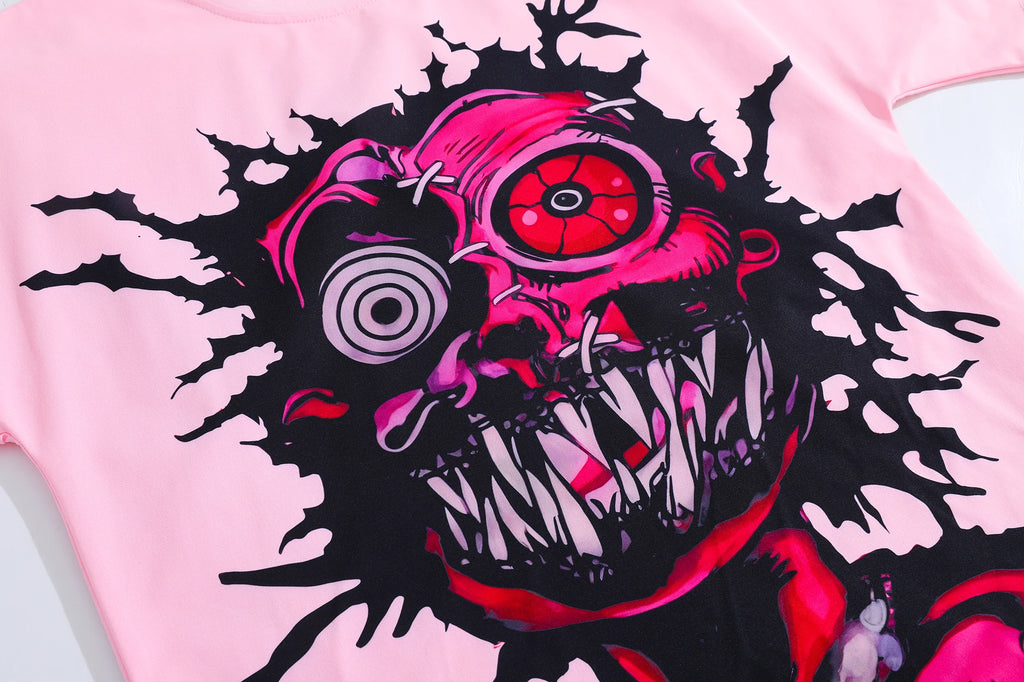 Mens Pink Short Sleeve T-Shirt Distorted Cartoon Character Graphic Bold Exaggerated Print Alternative Art Streetwear Top