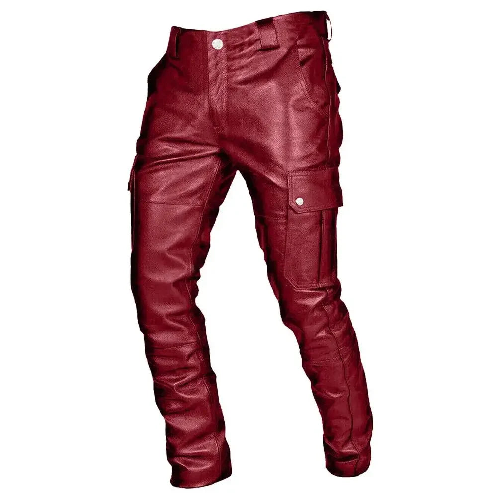 Fashion Faux Leather Pants Men Casual Streetwear Biker PU Pants Motorcycle Multi-Pocket Trousers Spring Autumn Waterproof Pants