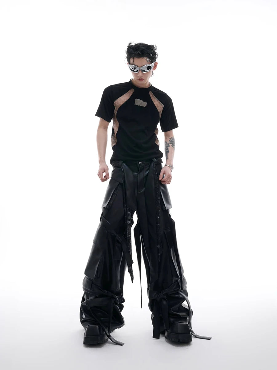 Mauroicardi Autumn Cool Long Baggy Black Pu Leather Wide Leg Cargo Pants Men Many Pockets Luxury Designer Emo Clothes Streetwear