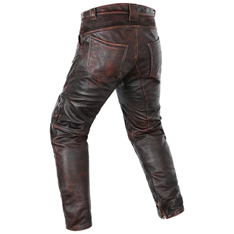 New Motorcycle Genuine Leather Pant Men's Thick Cowhide Vintage Brown Trousers For Men High Quality Moto Biker Slim Pants