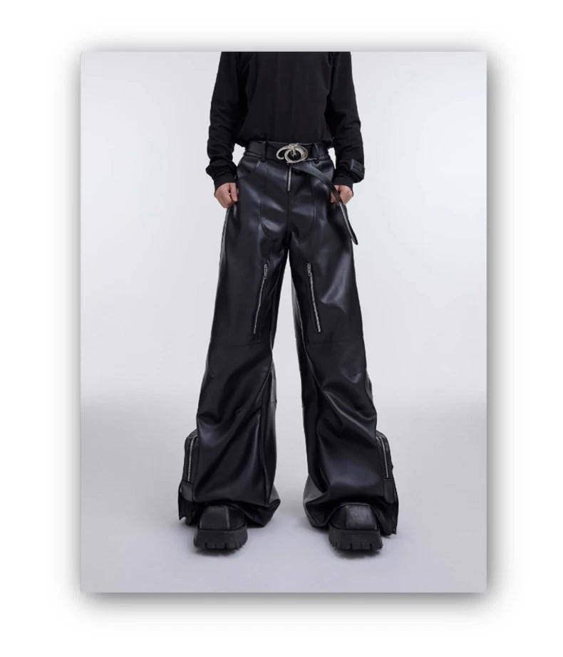 Mauroicardi Autumn Long Black Baggy Pu Leather Wide Leg Cargo Pants for Men Three-dimensional Pockets Luxury Designer Clothes