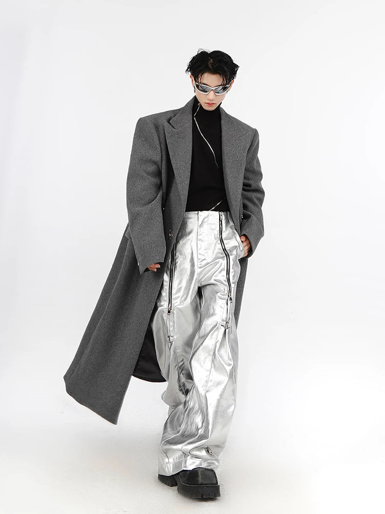 Mauroicardi Spring Autumn Cool Long Loose Casual Soft Black Silver Pu Leather Pants Men with Many Zippers Trousers Fashions 2023