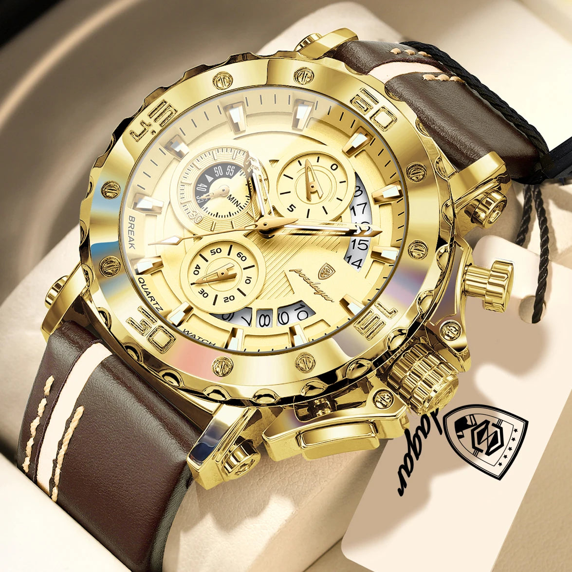 POEDAGAR Sports Watches For Man Waterproof Luminous Date Male Clock Chronograph Leather Quartz Functional Men's Wristwatch Reloj