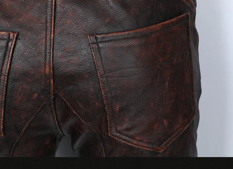 New Motorcycle Genuine Leather Pant Men's Thick Cowhide Vintage Brown Trousers For Men High Quality Moto Biker Slim Pants