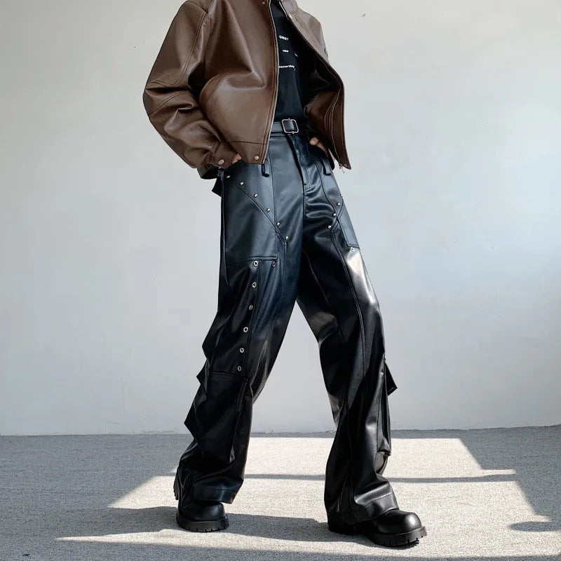 Men's Faux Leather Cargo Pants With Rivet, Y2K  Streetwear Black  Wide-leg Trousers, Autumn/Winter Gothic Mans Baggy Pants