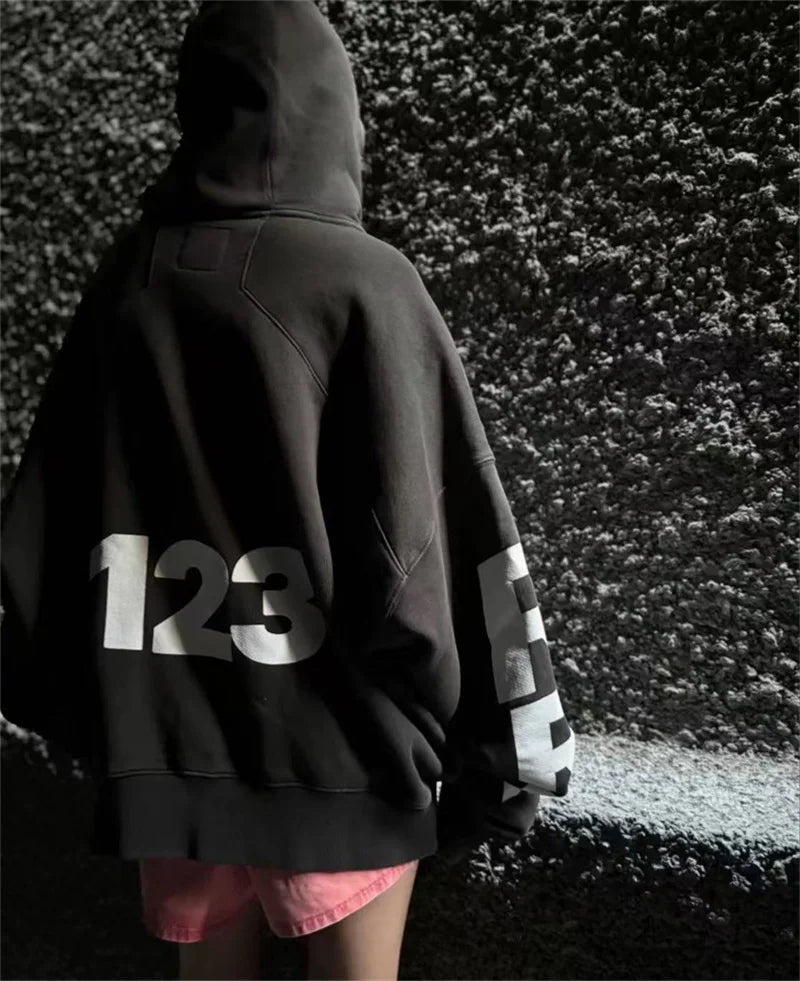 Heavyweight Fabric RRR123 Digital Embroidery Hooded Sweatshirt Washed Black Oversized Men Women Premium Quality Hoodie