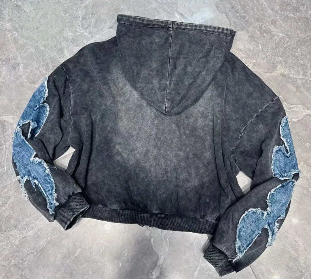 European Style Sweatshirt Cardigan 2026 Spring New Personalized Graffiti Letter Print Patchwork Denim Jacket Coat Hoodies Women