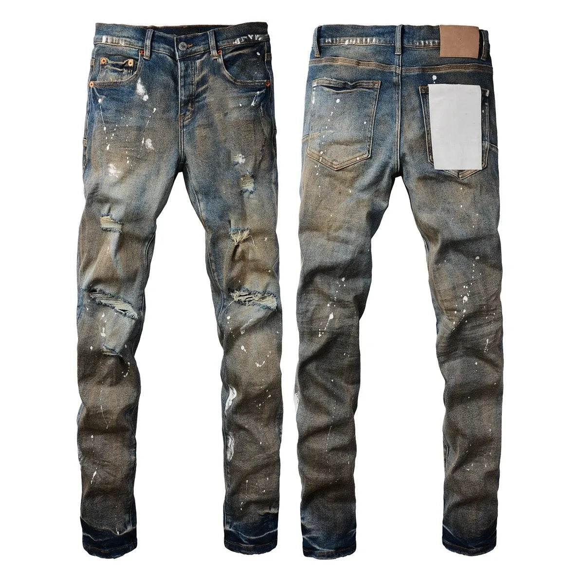 New Fashion Jeans Men High Street Black Splashing ink graffiti Distressed Hole Stretch Skinny Button Fly Ripped Jeans Brand