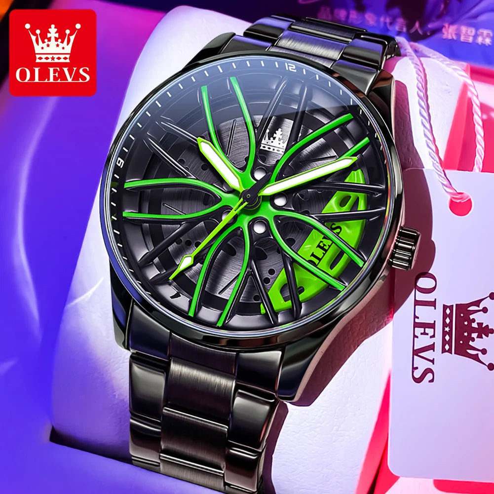 OLEVS 9937 Quartz Watch for Men Fashion 3D Hollow Wheel Rotary Dial Black Stainless Steel Waterproof Luminous Sports Wristwatch