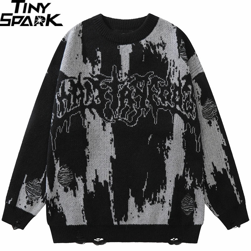2025 Men Streetwear Ripped Sweater Distressed Vintage Letter Graphic Hip Hop Knitted Sweater Retro Pullover Sweater Hipster