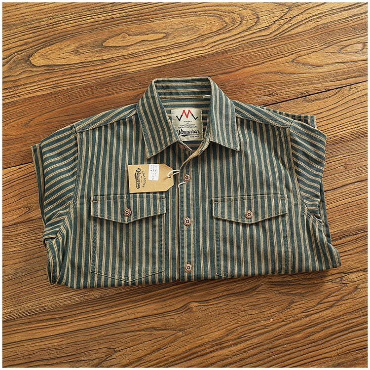 Retro Waed Distred Blue Vertical Stripe Trendy Denim irt Men's Loose American Long Sve Workwear irt Coat