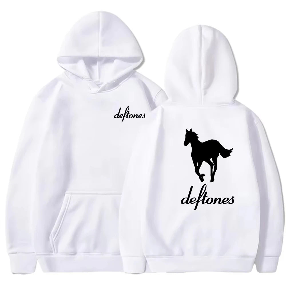 European and American fashion trend, long sleeved hooded top, men's loose hoodie Deftones white horse print