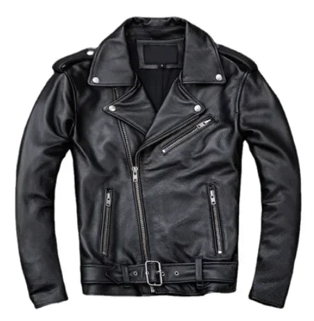 2024 New Spring Classical Motorcycle oblique zipper Jackets Men Leather Jacket Natural Calf Skin Thick Slim Cowhide Moto Jacket