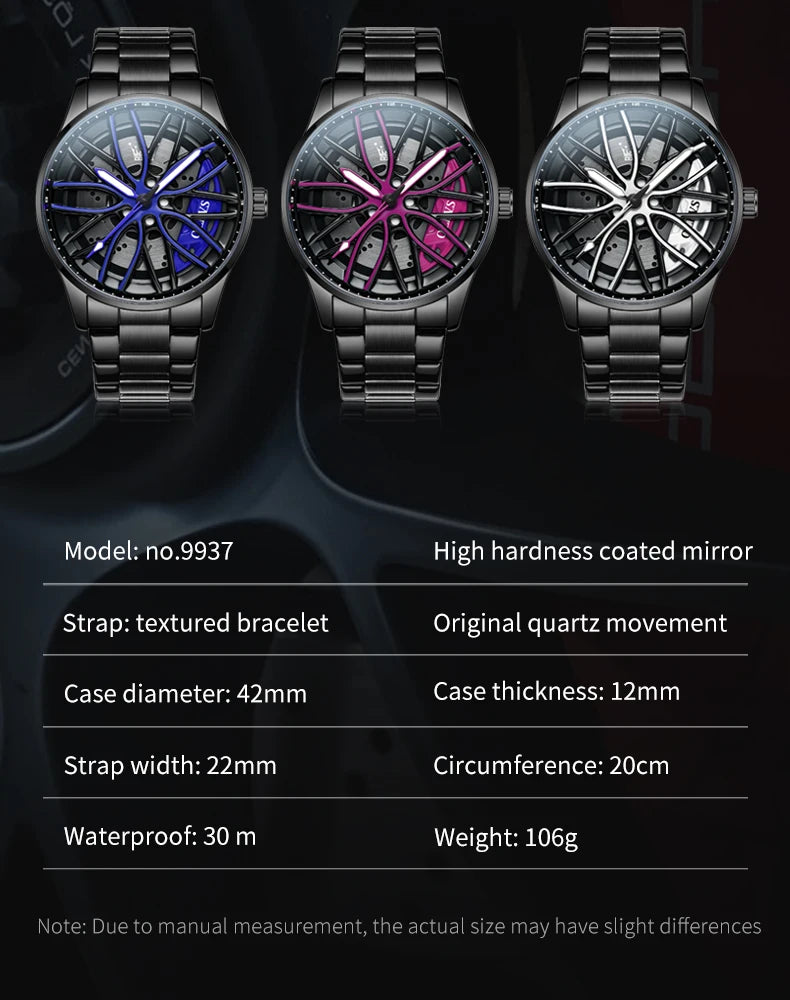 OLEVS 9937 Quartz Watch for Men Fashion 3D Hollow Wheel Rotary Dial Black Stainless Steel Waterproof Luminous Sports Wristwatch