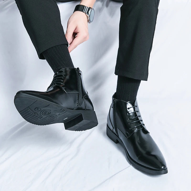 Leather Boots Men Zip Lace-up High Top British Versatile Men Fashion Business Dress Social Boots Mens Platform Casual Men Boots