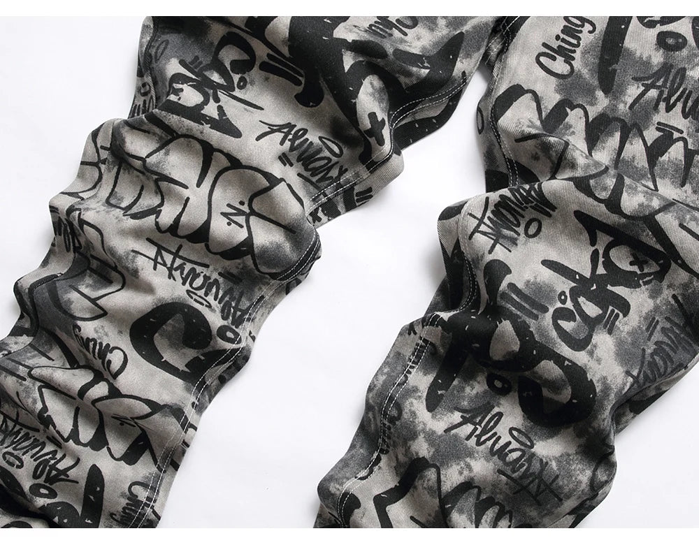 Men Graffiti Print Jeans Fashion Painted Stretch Cotton Denim Pants Slim Straight Trousers