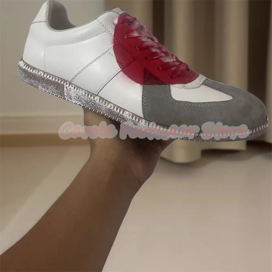 Fashion Mixed Color Graffiti Lace-Up Sneakers for Men Handmade Genuine Leather Shallow Sport Shoes Male Leisure Shoes
