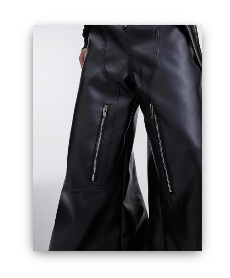 Mauroicardi Autumn Long Black Baggy Pu Leather Wide Leg Cargo Pants for Men Three-dimensional Pockets Luxury Designer Clothes