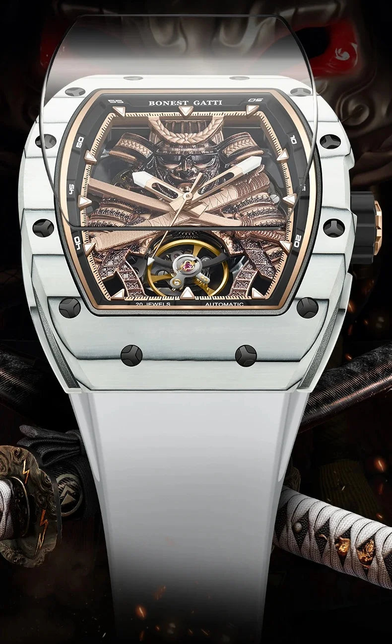 BONEST GATTI Carbon Fiber Case Men Automatic Movement Wristwatch Skeleton Warrior Sapphire Glass Mechanical Watches for Men 2025