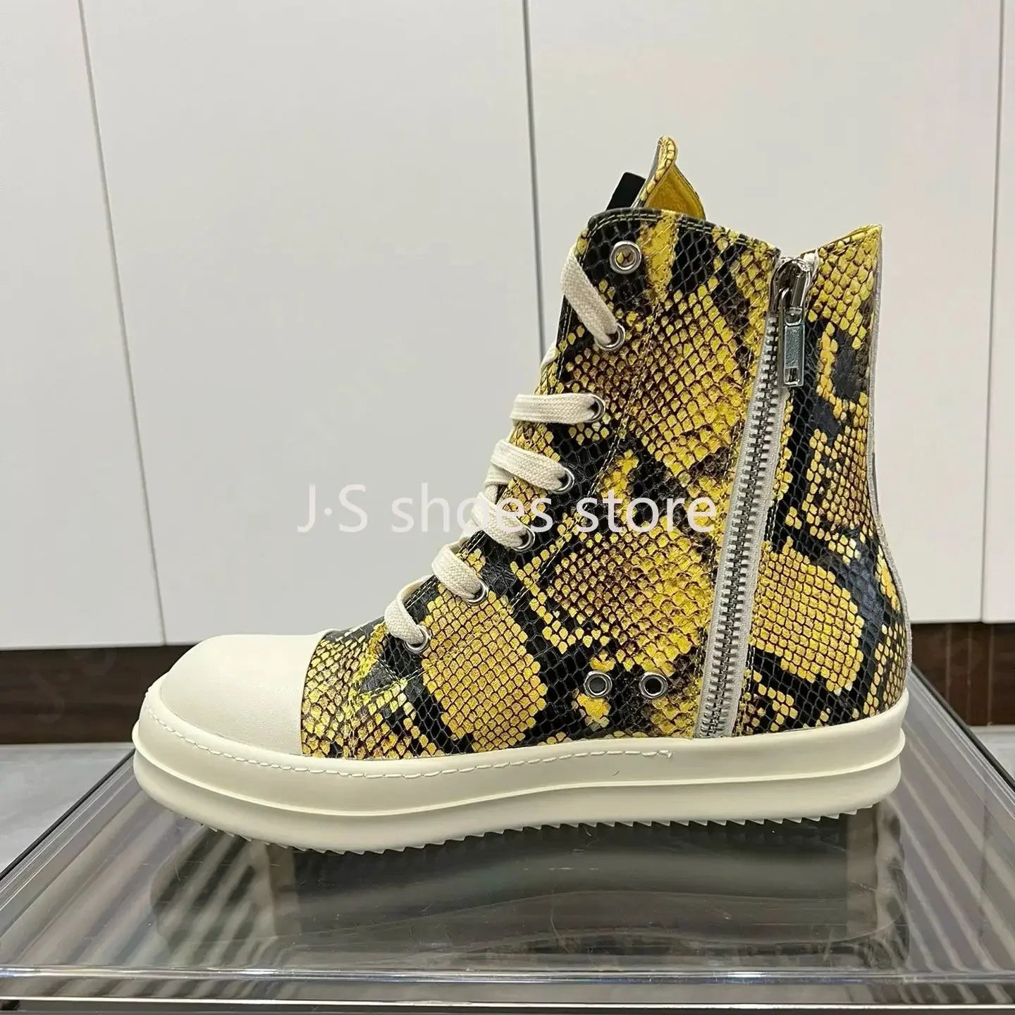 R-o Men Sneaker Yellow Boa Leather High Top Shoe Lace Up Women Casual Shoes Boots Zipper Sneakers Yellow Cowhide Ankle Boot