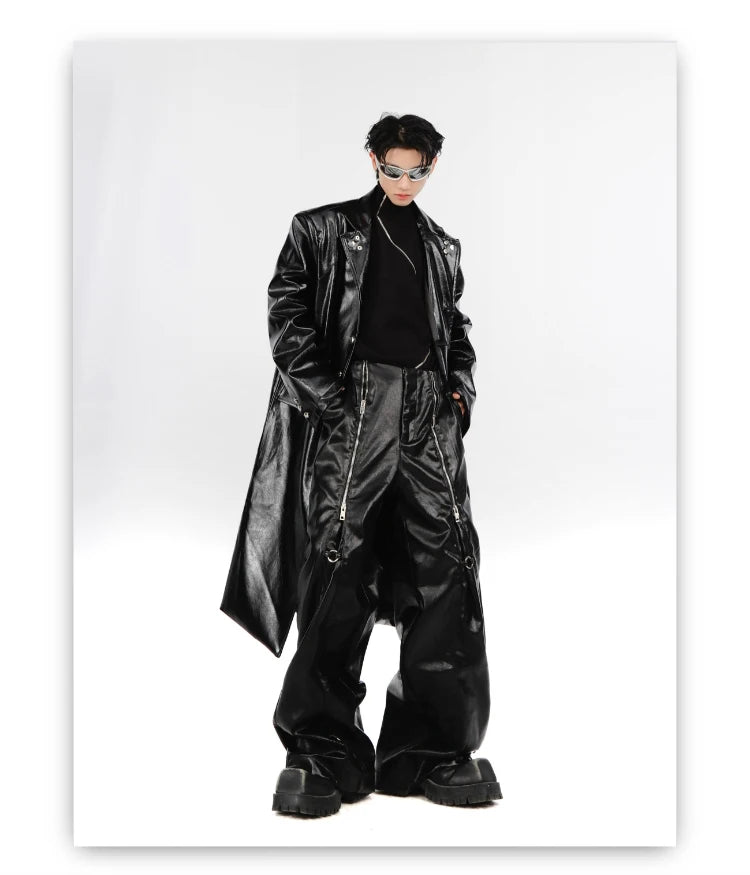 Mauroicardi Spring Autumn Cool Long Loose Casual Soft Black Silver Pu Leather Pants Men with Many Zippers Trousers Fashions 2023