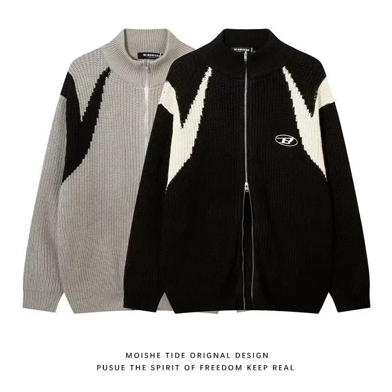 Double Zipper Cardigan Sweater Men Women Retro Loose Knitted Jumpers Autumn Streetwear Harajuku Street Color Block Jacket New