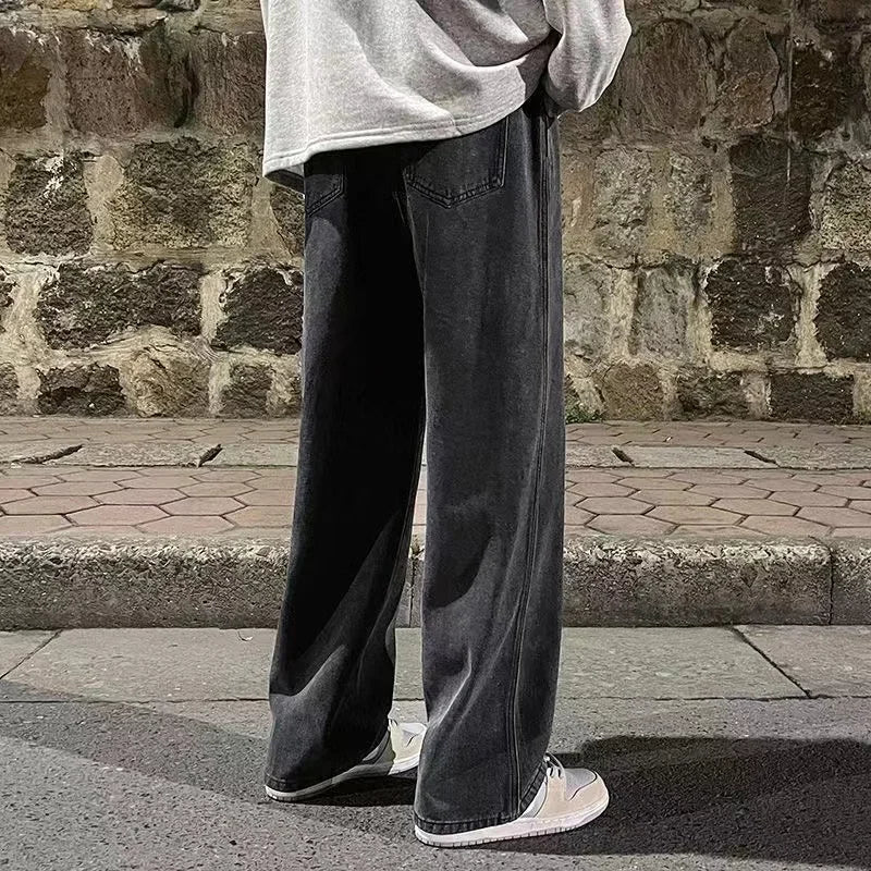Fashion Men's Solid Color Drape Jeans Loose Straight Korean Vintage High Street Hip-hop Casual Daily Dragging Wide-leg Pants